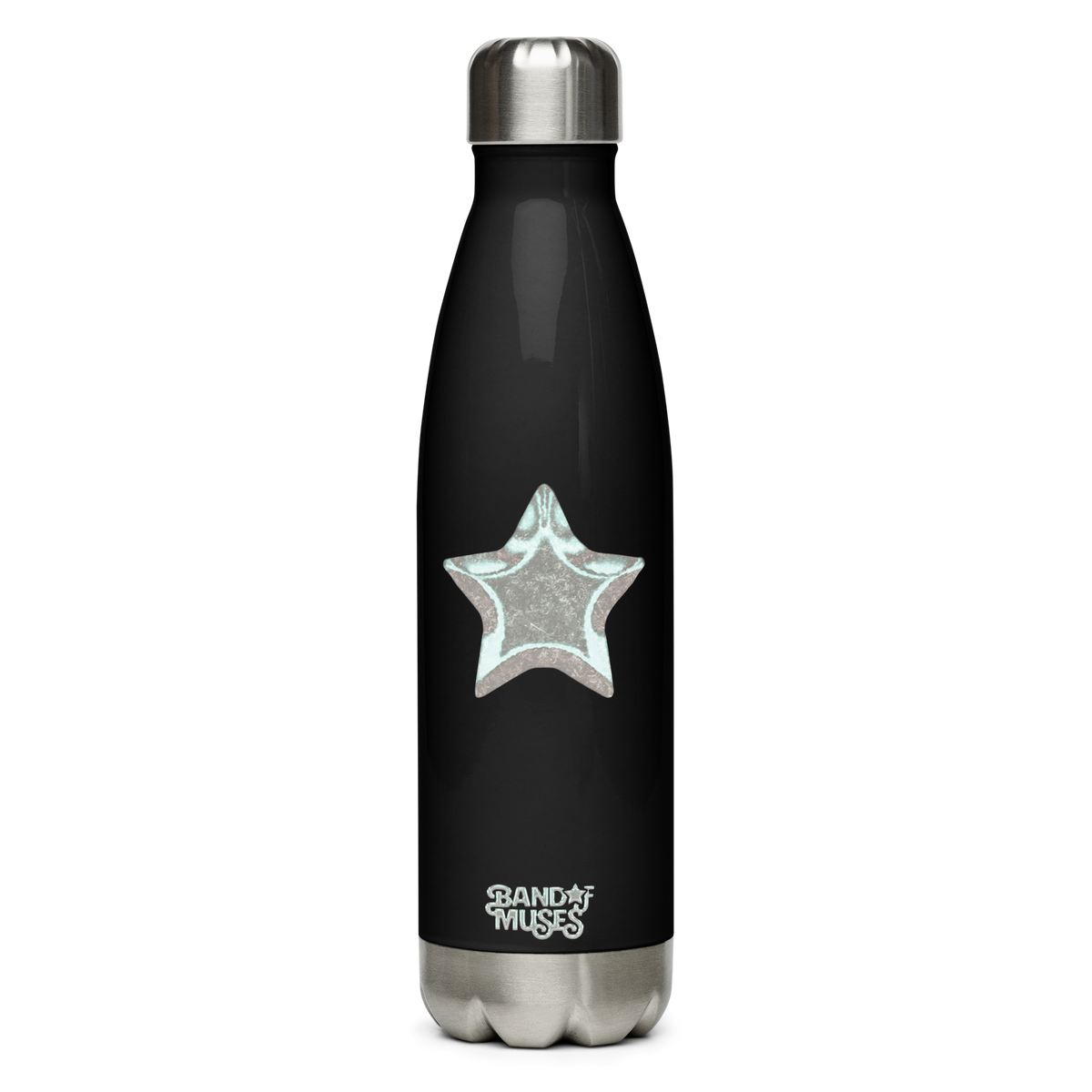 Black water bottle with Band of Muses logo and star
