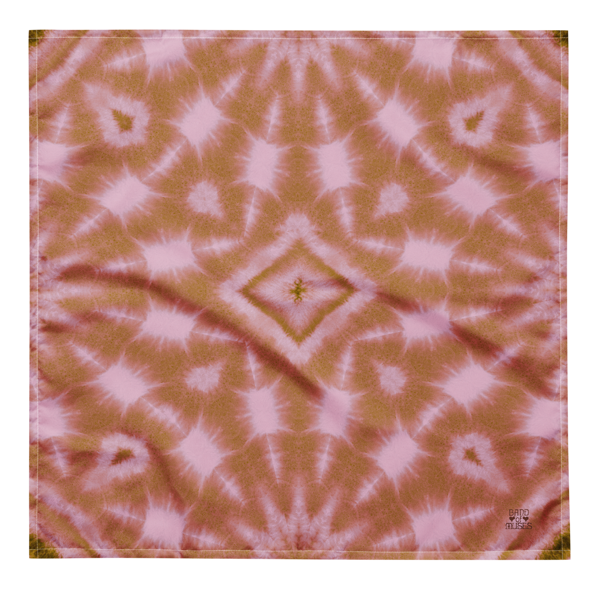 Band of Muses Cinnamon Bandana, featuring a tie-dye patterned fabric with pink and a maroon Band of Muses logo in the corner