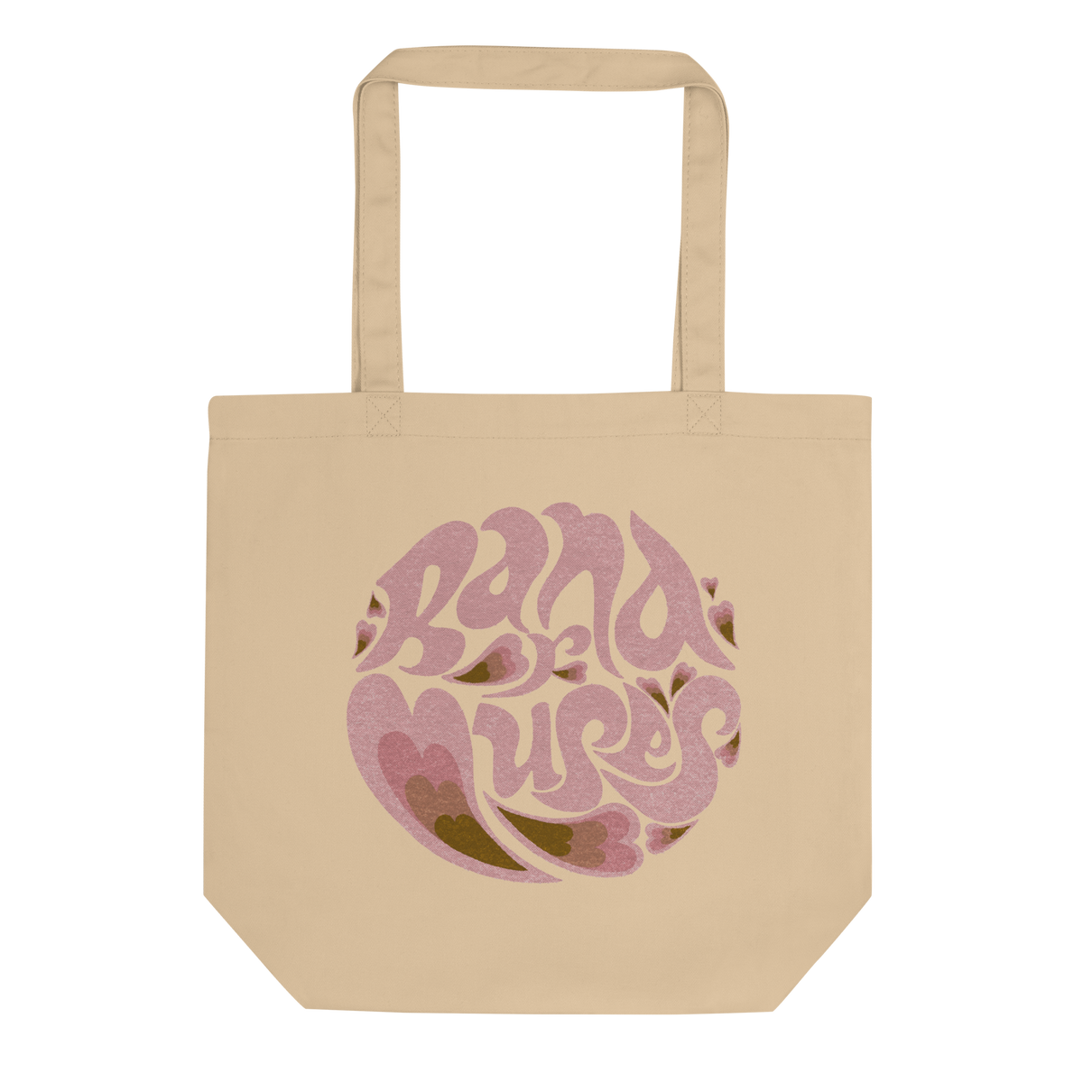 This beige tote features a psychedelic Band of Muses logo with a mauve gradient color. 